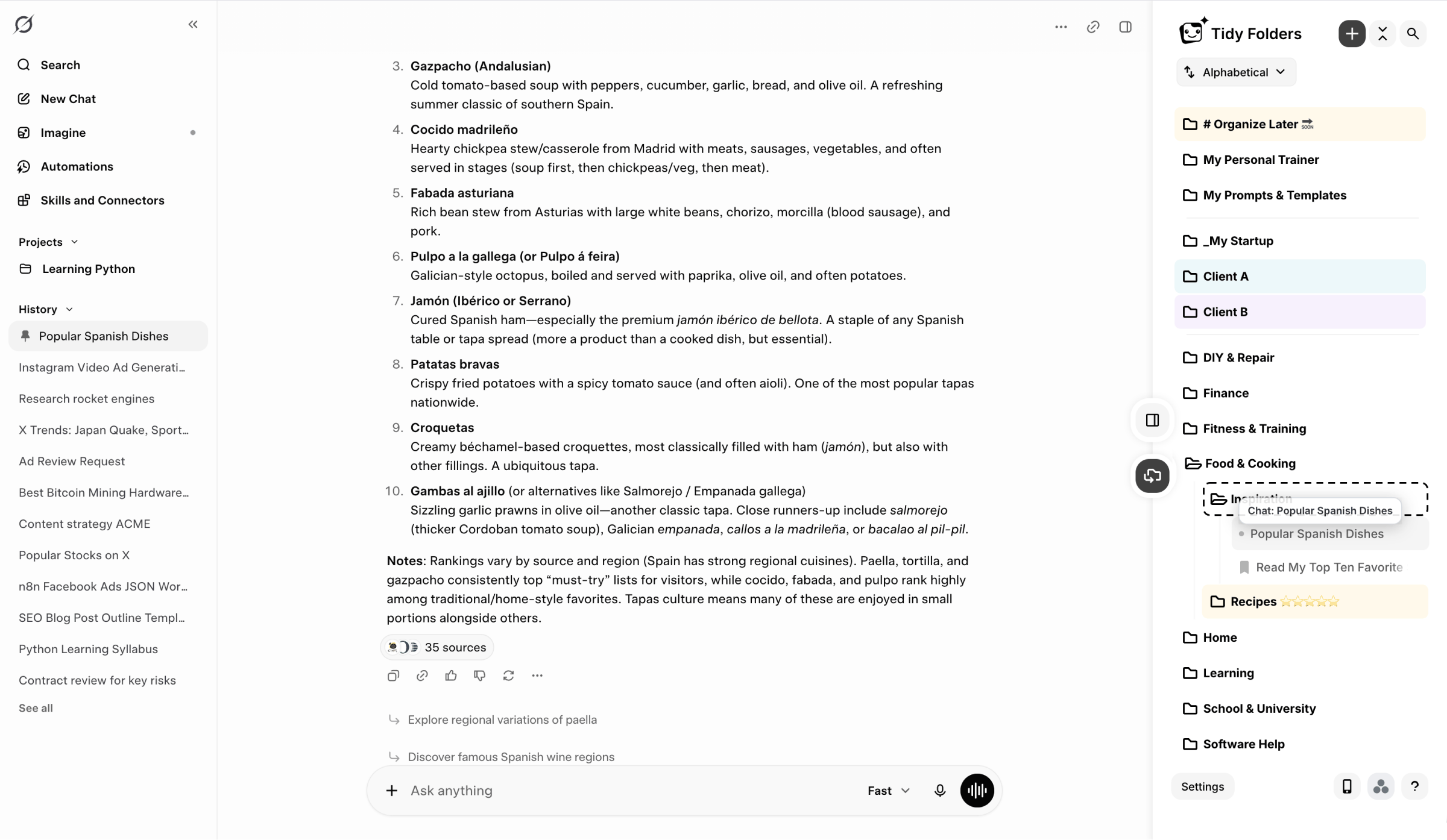 Grok folders with the Tidy Folders panel: real folders and subfolders next to the chat sidebar, with a conversation being dragged into a subfolder