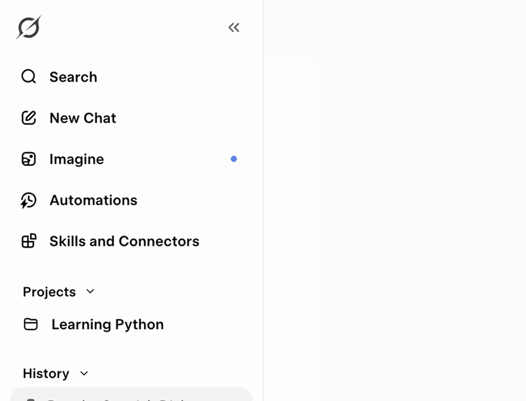 No Grok folders in the native sidebar: search, a Projects section and the chronological history, but nothing that groups your chats