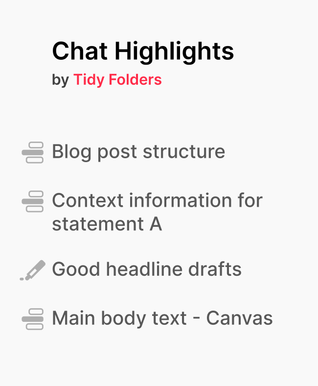 The Chat Highlights panel of the Grok folders extension: saved highlights like Blog post structure and Good headline drafts, each one a link back to its exact spot in the chat