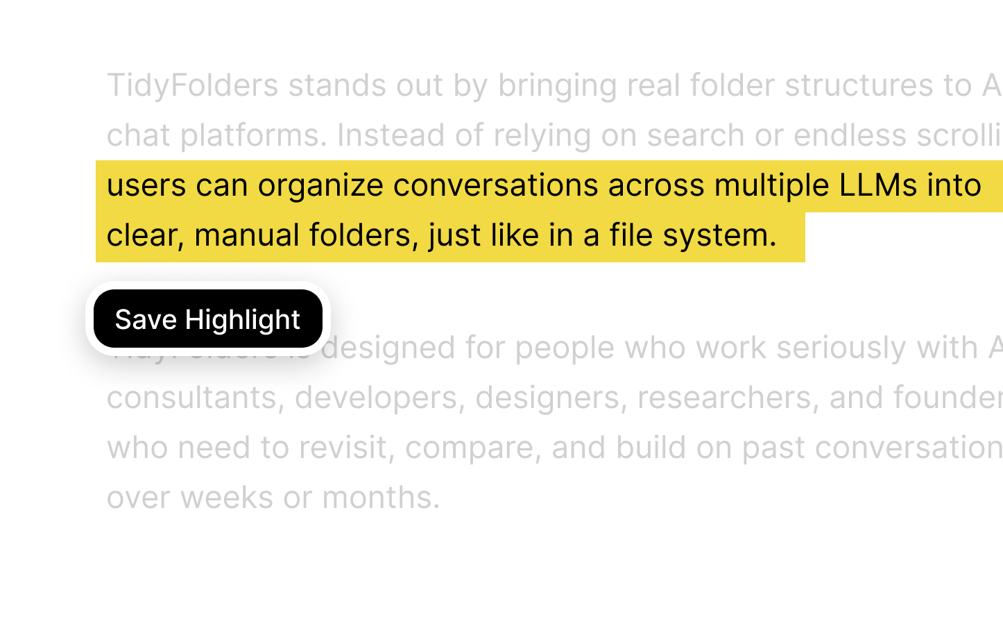 Text highlighting in Tidy, the extension behind Grok folders: the key passage of an answer marked in yellow with the Save Highlight button